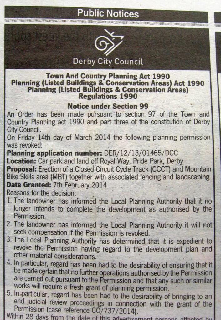 Revocation of Cycle Track Planning Application